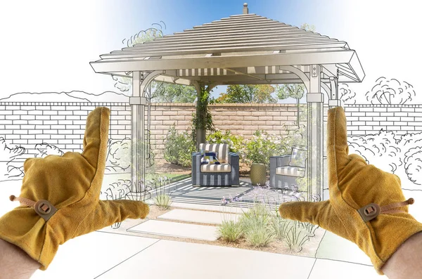 Male Contractor Hands Framing Completed Section of Custom Pergola Patio Cover Design Drawing — Stock Photo, Image
