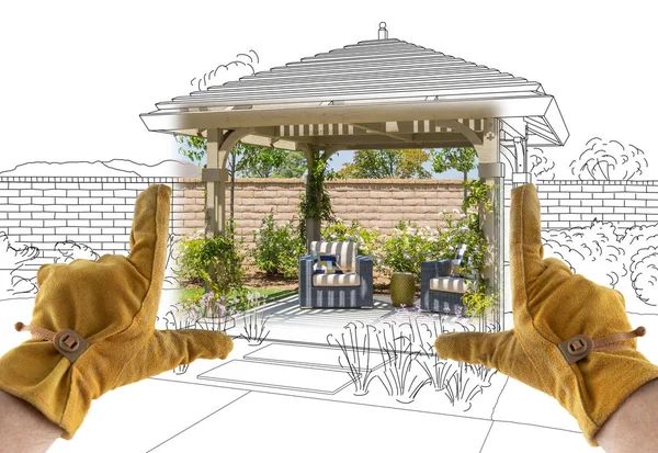Male Contractor Hands Framing Completed Section of Custom Pergola Patio Cover Design Drawing — Stock Photo, Image