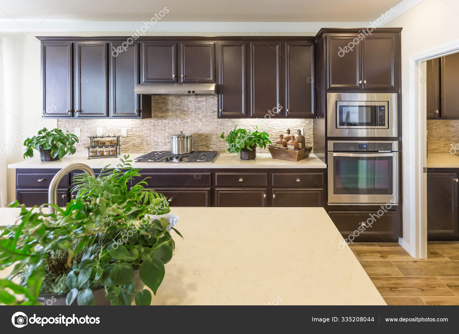 Beautiful Kitchen Interior with Dark Cabinets — Stock Photo © Feverpitch  #335208044, image size:1600x1167
