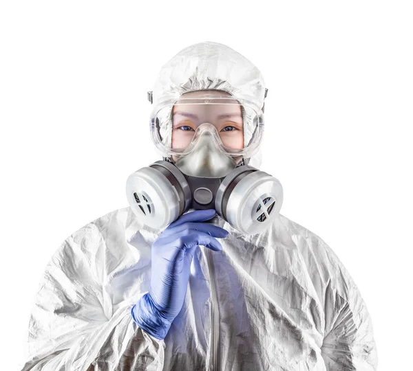 Chinese Woman Wearing Hazmat Suit, Protective Gas Mask and Goggles Isolated On White — Stock Photo, Image