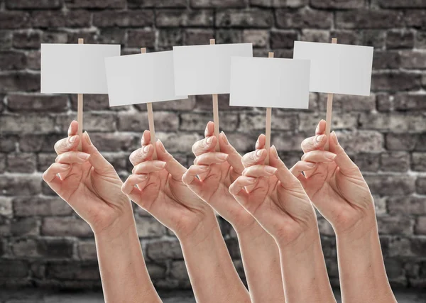 Cinco manos femeninas sosteniendo carteles en blanco contra la pared de ladrillo envejecido —  Fotos de Stock