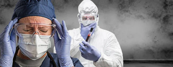 Female and Male Doctors or Nurses Wearing Scrubs and Protective Mask and Goggles Banner — Stock Photo, Image