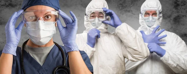 Mujer caucásica, hombre y hombre chino en máscaras, gafas y suites Hazmat — Foto de Stock