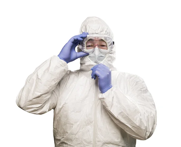 Chinese Man Wearing Hazmat Suit, Goggles and Mask Isolated On White — Stock Photo, Image