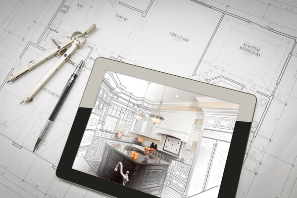 Computer Tablet Showing Kitchen Illustration On House Plans, Pencil, Compass.