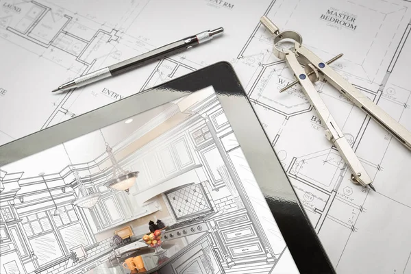 Computer Tablet Toont Keuken Illustratie Huis Plannen Potlood Kompas — Stockfoto