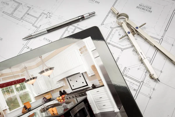 Computer Tablet Showing Kitchen Illustration House Plans Pencil Compass — Stock Photo, Image
