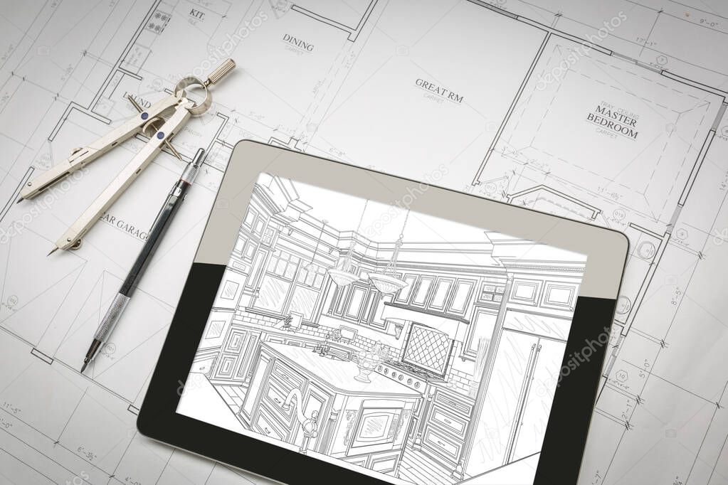 Computer Tablet Showing Kitchen Illustration On House Plans, Pencil, Compass.