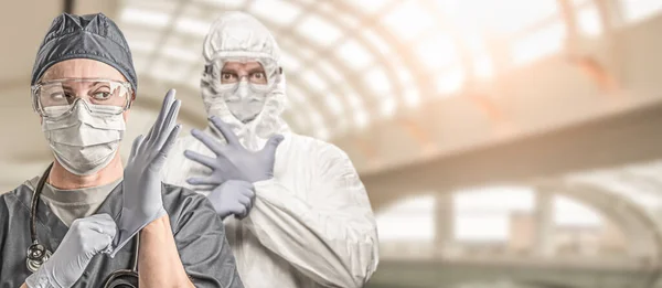 Female Male Doctors Nurses Wearing Scrubs Protective Mask Goggles Banner — Stock Photo, Image