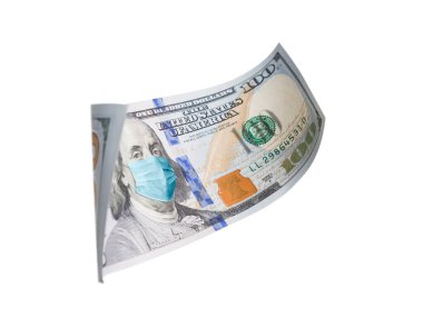 Benjamin Franklin 'in yüz maskeli yüz dolarlık banknotu beyaza izole edildi..