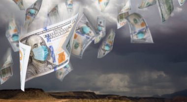 Fırtınalı Bulutlu Gökyüzünden Düşen Yüz Maskeli 100 Dolarlık Faturalar.