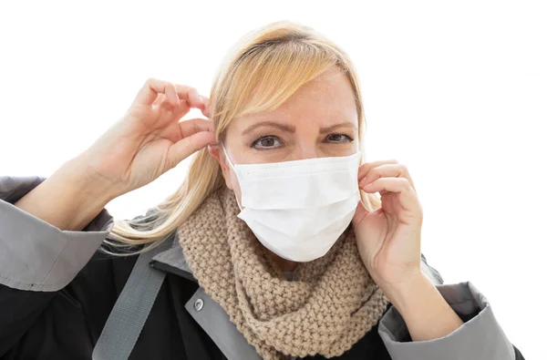 Young Adult Woman Wearing Face Mask Isolated White Background — Stock Photo, Image