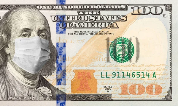 Cem Dólares Bill Com Máscara Facial Médica Benjamin Franklin — Fotografia de Stock