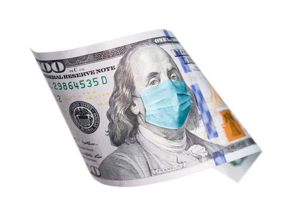Billete Cien Dólares Con Máscara Médica Benjamin Franklin Aislado Blanco — Foto de Stock