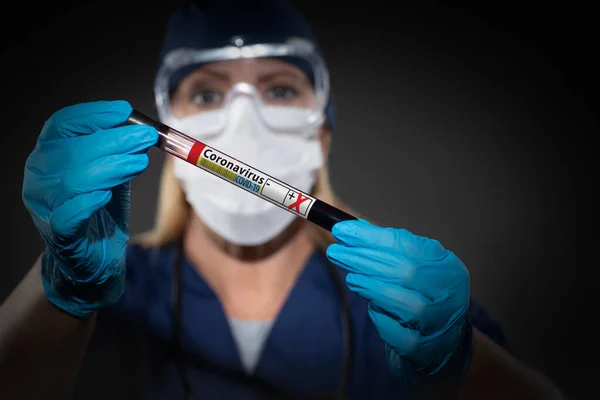 Female Lab Worker Holds Test Tube Blood Labeled Coronavirus Covid — 스톡 사진