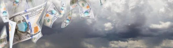 100 Dollar Bills Medical Face Mask Falling Stormy Cloudy Sky — Stockfoto