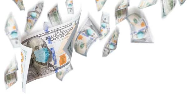 Bancnote 100 Dolari Mască Față Medicală Care Cade Sus Fundal — Fotografie, imagine de stoc