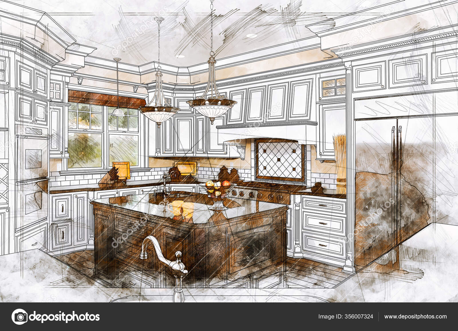 Beautiful Custom Kitchen Design Drawing Illustration Details Stock