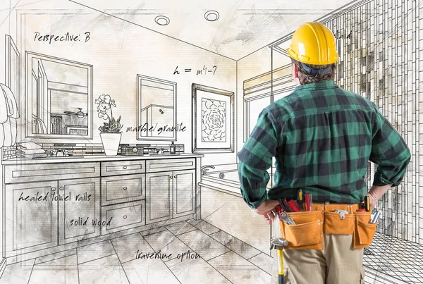 Contractor Hard Hat Tool Belt Facing Custom Master Bathroom Design — Stock Photo, Image