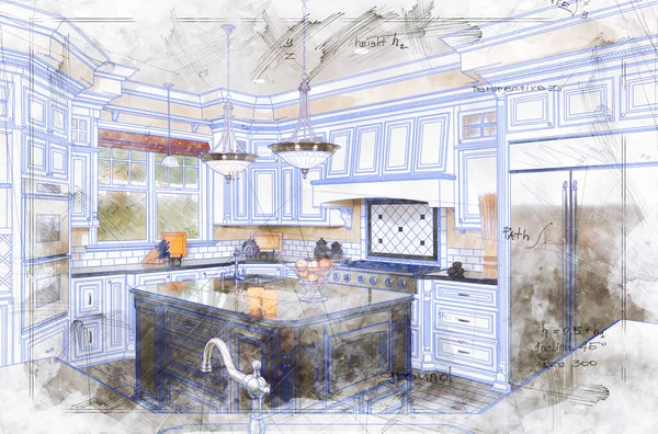 Schöne Custom Kitchen Design Zeichnung Illustration Details — Stockfoto