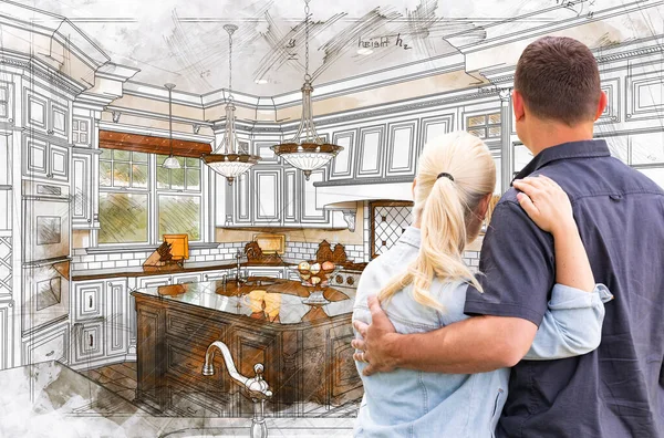 Junges Erwachsenes Paar Vor Maßgeschneiderter Küche Zeichnung Details — Stockfoto