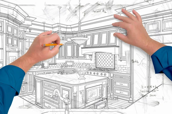 Laki Laki Tangan Menggambar Rincian Desain Dapur Kustom — Stok Foto