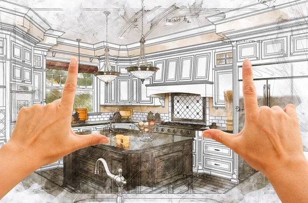 Χέρια Framing Προσαρμοσμένη Κουζίνα Σχέδιο Λεπτομέρειες — Φωτογραφία Αρχείου
