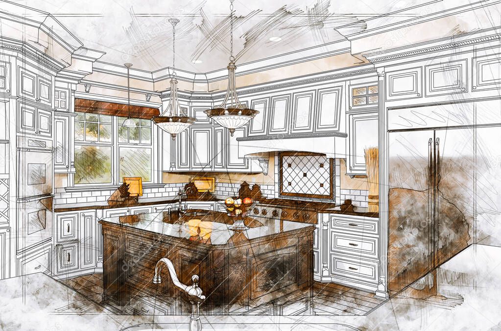 Beautiful Custom Kitchen Design Drawing Illustration Details.