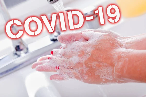 Woman Thoroughly Washing Hands Sink Basin Covid Coronavirus Text — Stock Photo, Image
