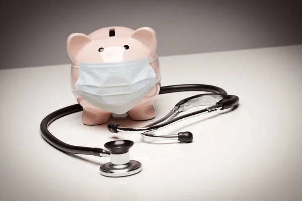 Stethoscope Piggy Bank Wearing Protective Medical Face Mask — Stock Photo, Image