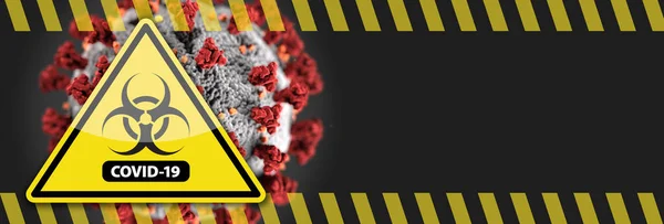 Знамя Coronavirus Covid Bio Hazard Warning Sign Изображением Вируса Позади — стоковое фото