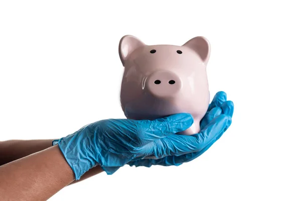 医生或护士佩戴外科手套 持有白色隔离开的猪头银行 — 图库照片