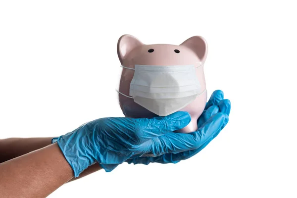 Dokter Verpleegkundige Dragen Chirurgische Handschoenen Holding Piggy Bank Dragen Medische — Stockfoto