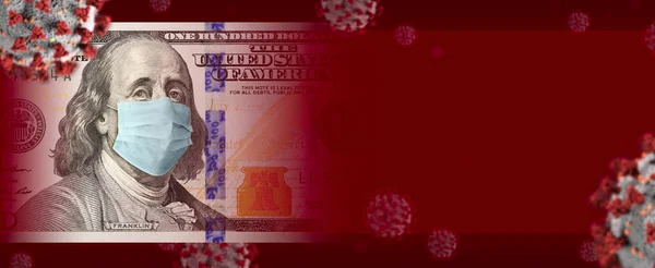 Billete 100 Dólares Con Máscara Facial Médica Rodeada Banner Coronavirus —  Fotos de Stock