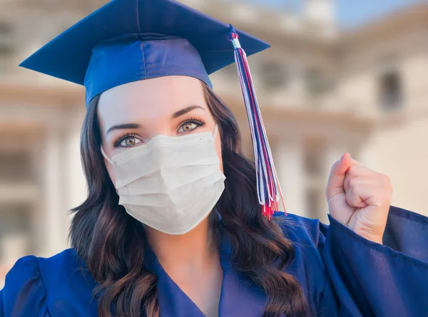Female Grauate Cap Gown Wearing Medical Face Mask — Stock Photo, Image
