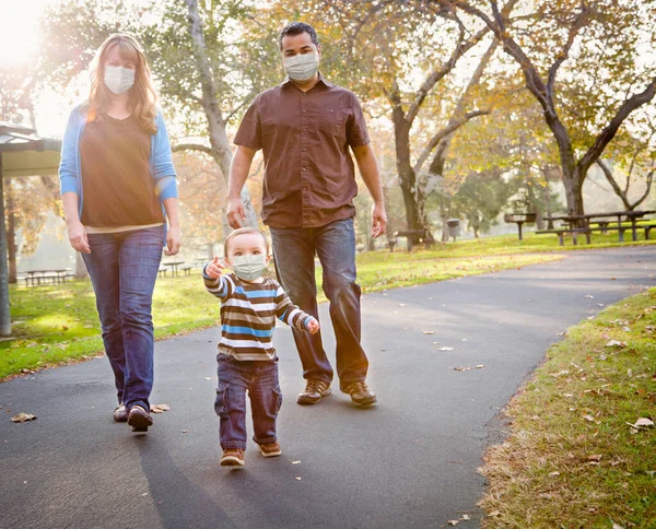 Happy Mixed Race Ethnic Family Walking Park Wearing Medical Face — Stock Photo, Image