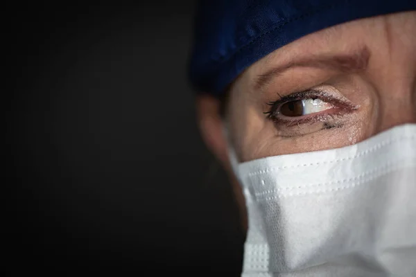 Tearful Stressed Female Doctor Nurse Wearing Medical Face Mask Dark — Stock Photo, Image