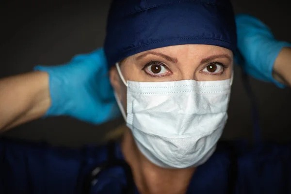 Female Doctor Nurse Wearing Surgical Gloves Putting Medical Face Mask — Stock Photo, Image