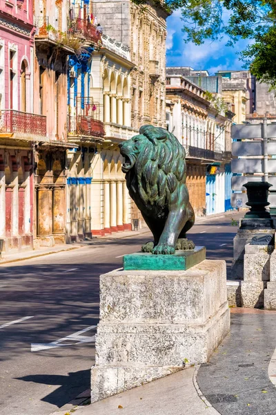 Rue colorée dans la Vieille Havane avec le lion de bronze au boulevard El Prado — Photo