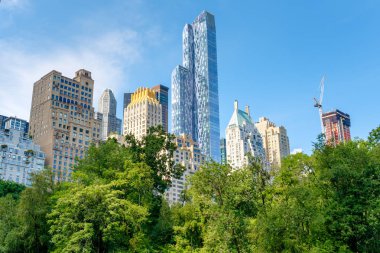 Midtown Manhattan Skyline n ile Central Park'ta ağaçlar