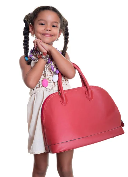Bonito afro-americano menina pequena vestida como uma mulher adulta wi — Fotografia de Stock