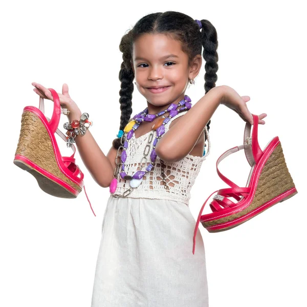 Cute african american small girl dressed up as an adult woman ca — Stock Photo, Image