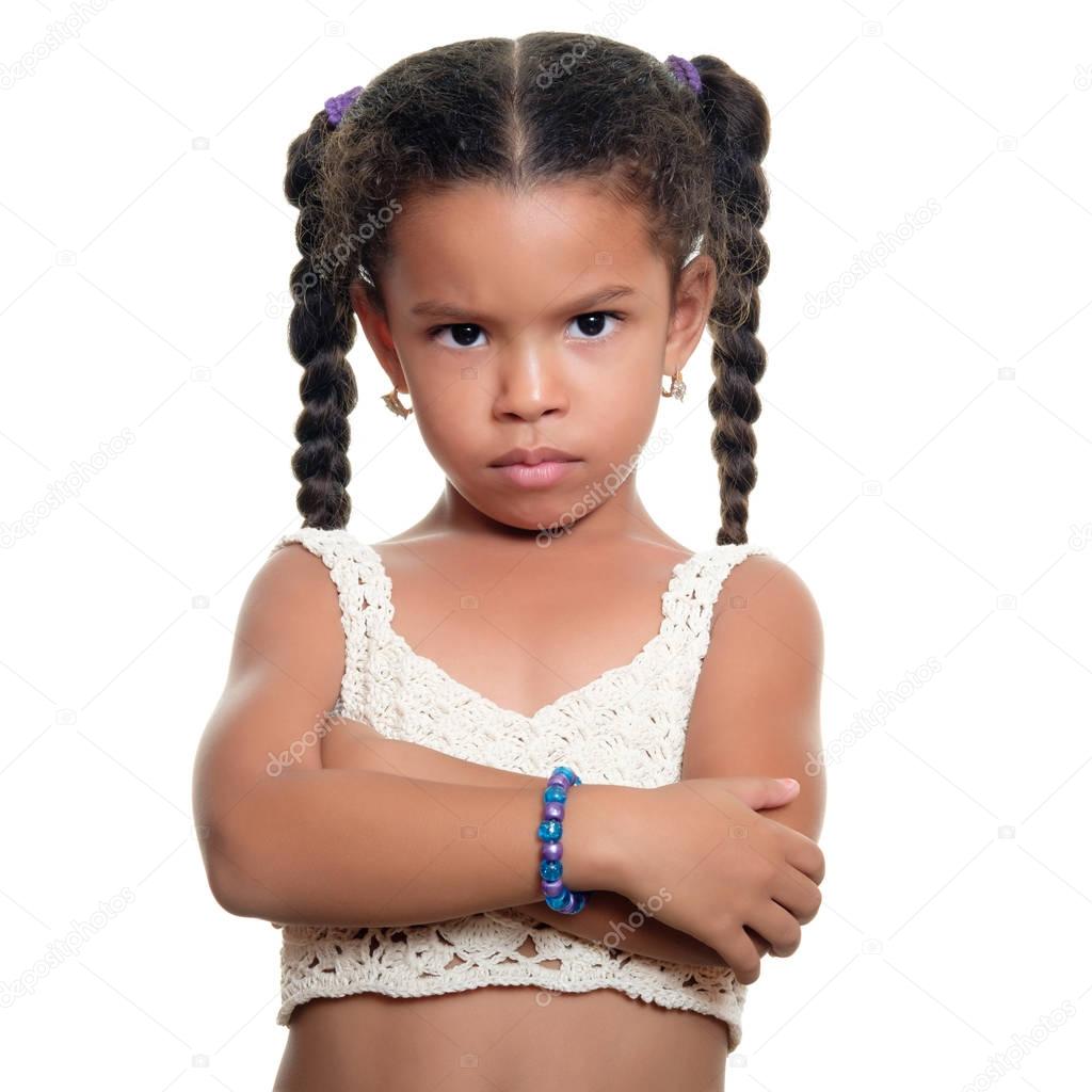 Angry african american small girl isolated on white