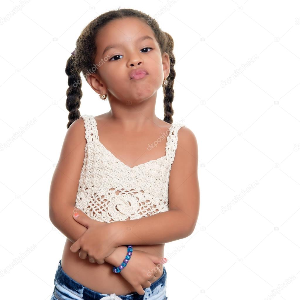 Angry african american small girl isolated on white