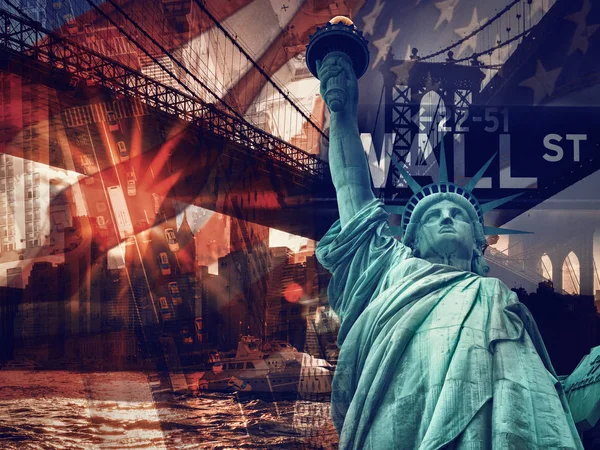 Colagem da cidade de Nova York, incluindo a Estátua da Liberdade e vários marcos — Fotografia de Stock