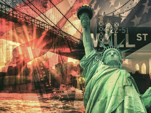 Collage de la ciudad de Nueva York incluyendo la Estatua de la Libertad y varios puntos de referencia — Foto de Stock