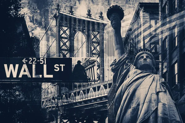 Collage di New York tra cui la Statua della Libertà e diversi punti di riferimento — Foto Stock