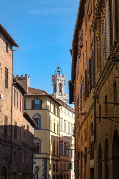 Historic buildings and the Torre del Mangia in the medieval city of Siena in Italy