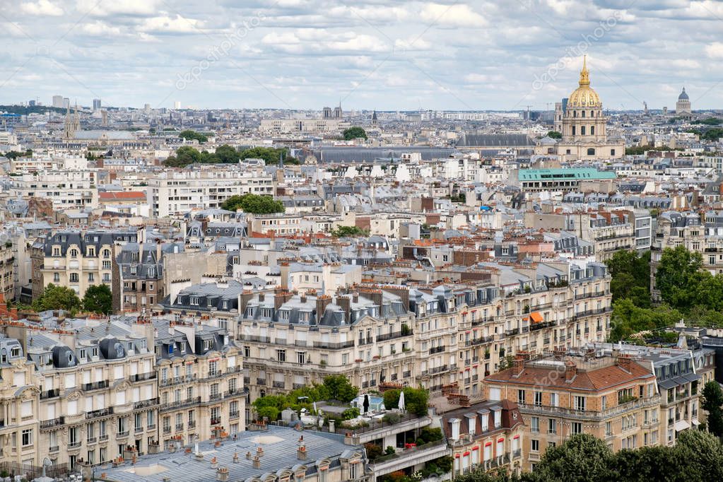 Aerial view of central Paris including Les Invalides and typical