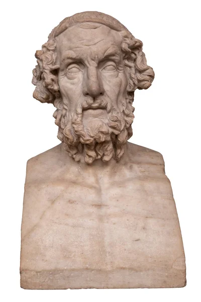 Antiker Marmorkopf Des Griechischen Dichters Homer Isoliert Auf Weiß Mit — Stockfoto